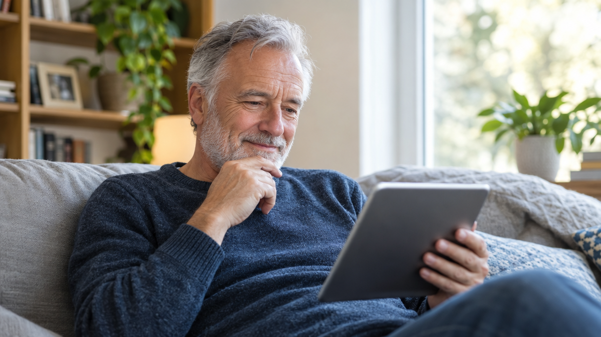 Man in his sixties browsing profiles on a tablet at home with a curious smile