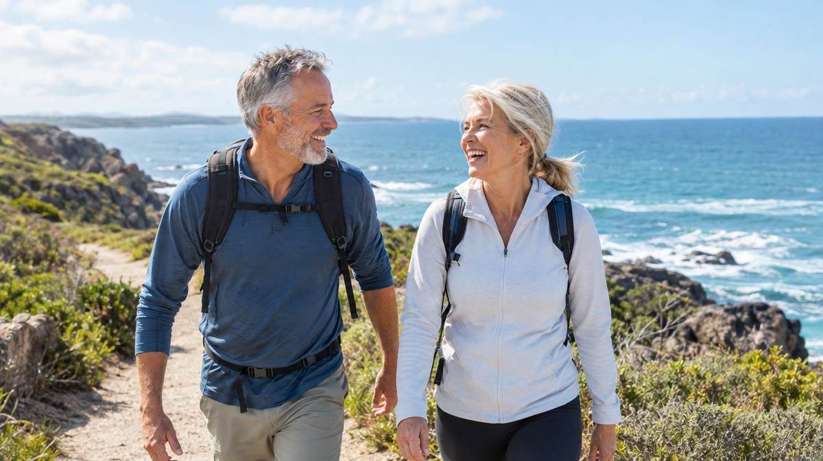 Couple walking together on an Australian coastal path
