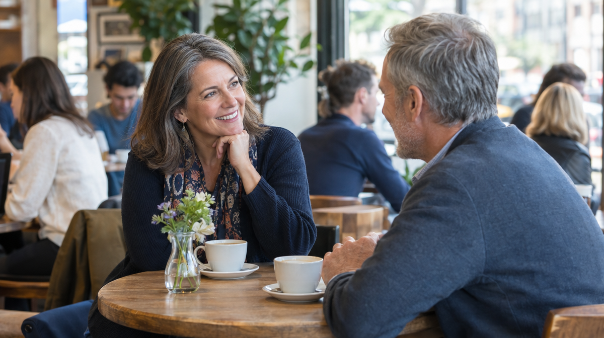 Two people on a first date at a table in a busy public cafe