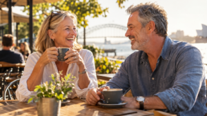 Couple in their fifties laughing together over coffee at an outdoor cafe