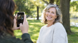 Woman in her fifties smiling while a friend takes her photo in a park