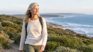 Woman in her fifties walking along an Australian coastal path in the morning light
