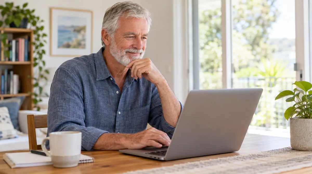 Man in his sixties browsing a dating website on his laptop at home