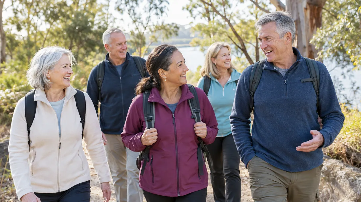 Group of adults in their fifties and sixties chatting on a community walk in an Australian park