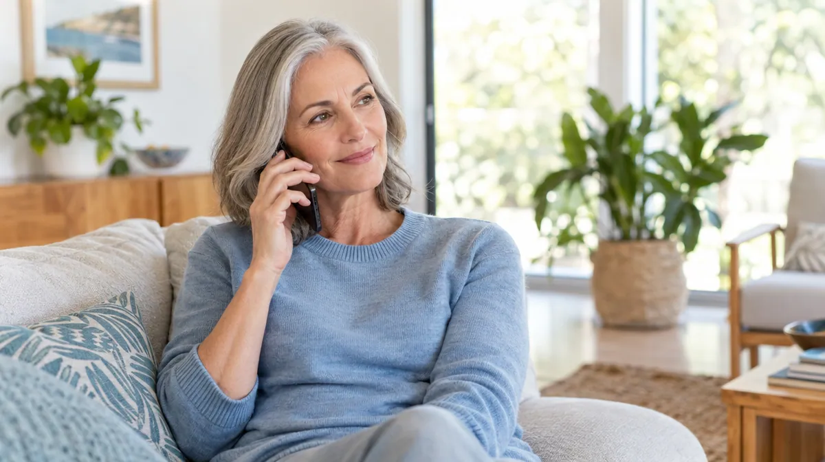 Woman in her late fifties talking with a trusted friend on the phone at home