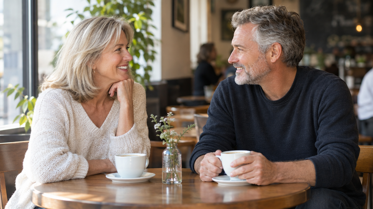 Mature couple smiling at ease on a casual first coffee date