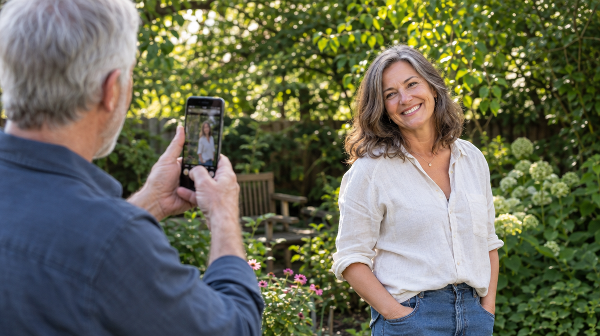 Man taking a relaxed portrait photo of a smiling woman in a garden