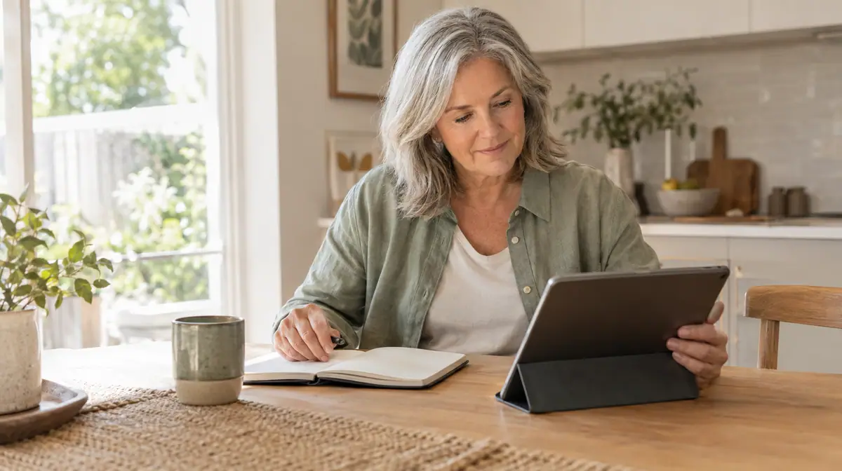 Woman in her sixties calmly reviewing her finances at home