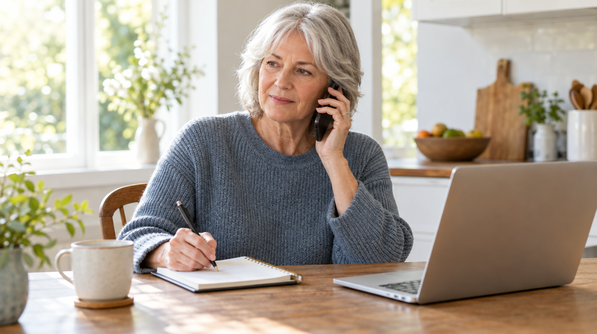 Woman on a phone call at her kitchen table taking practical steps