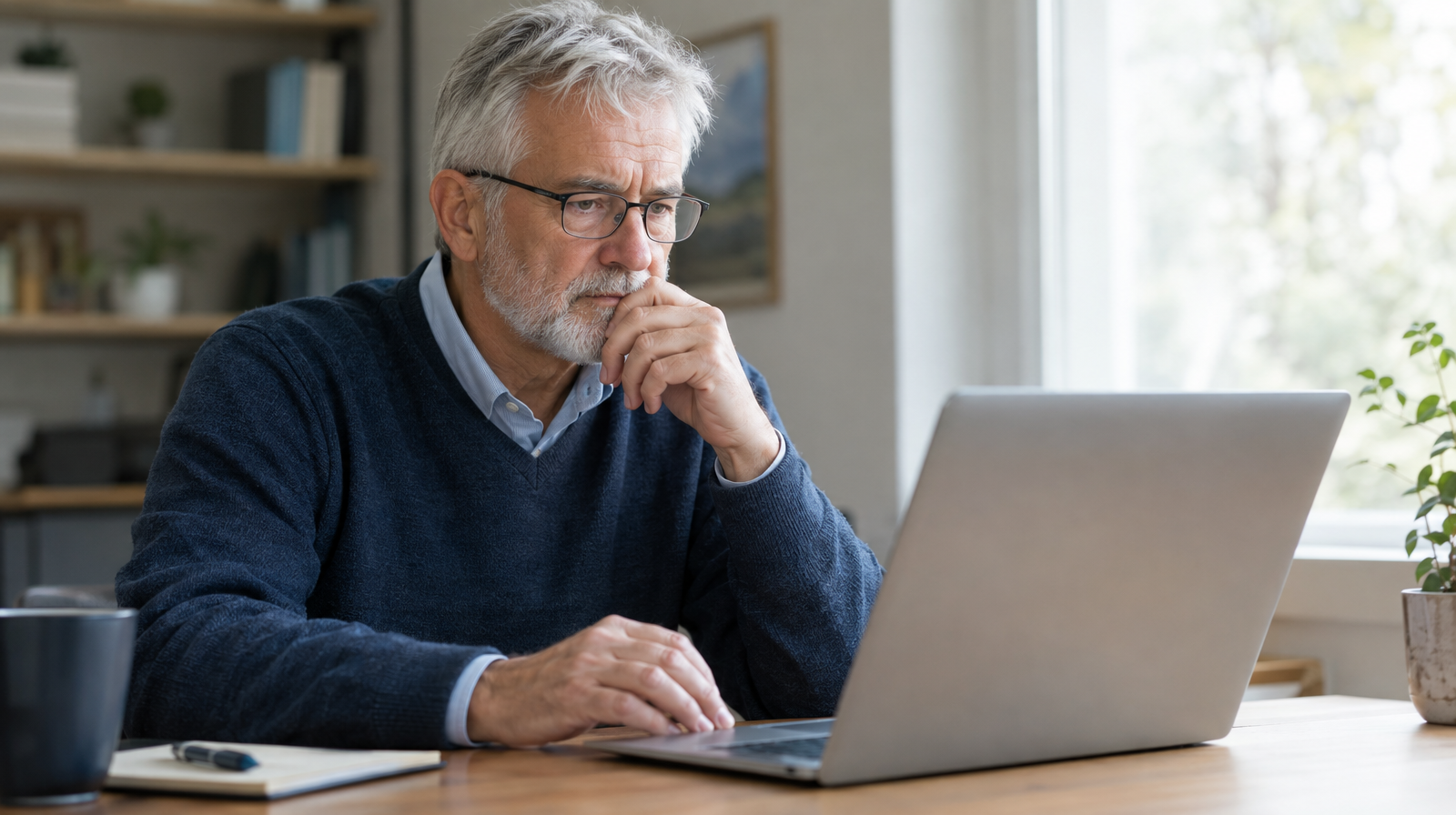 Man in his sixties looking carefully at a laptop