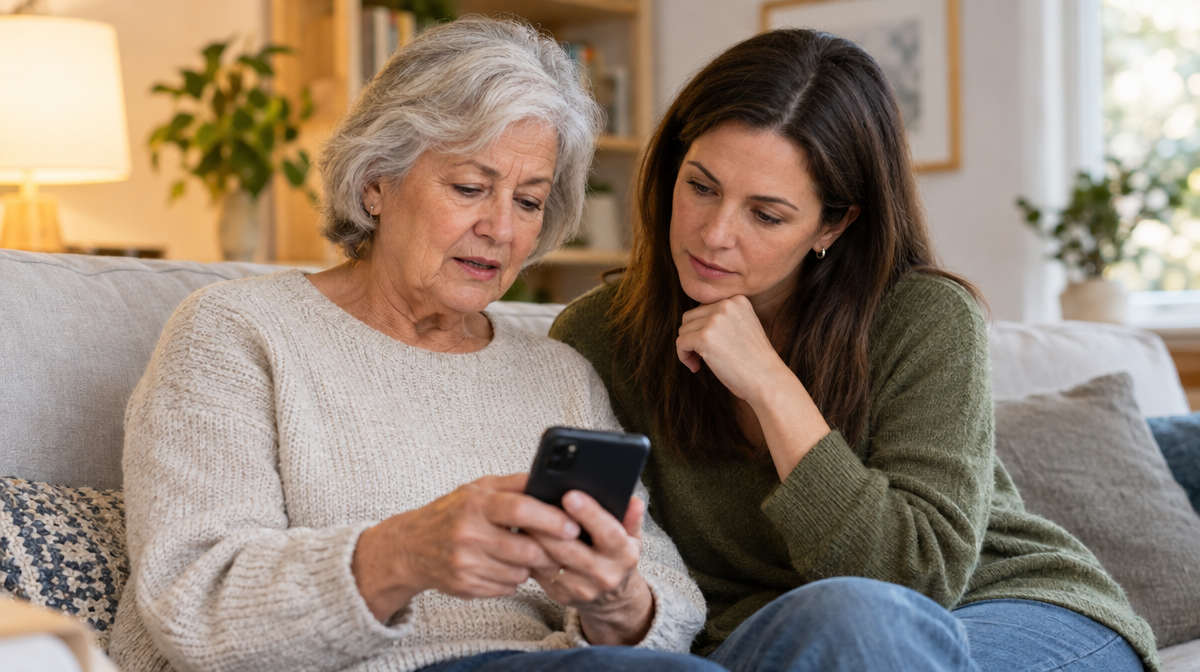 Woman showing her phone to her adult daughter to get a second opinion